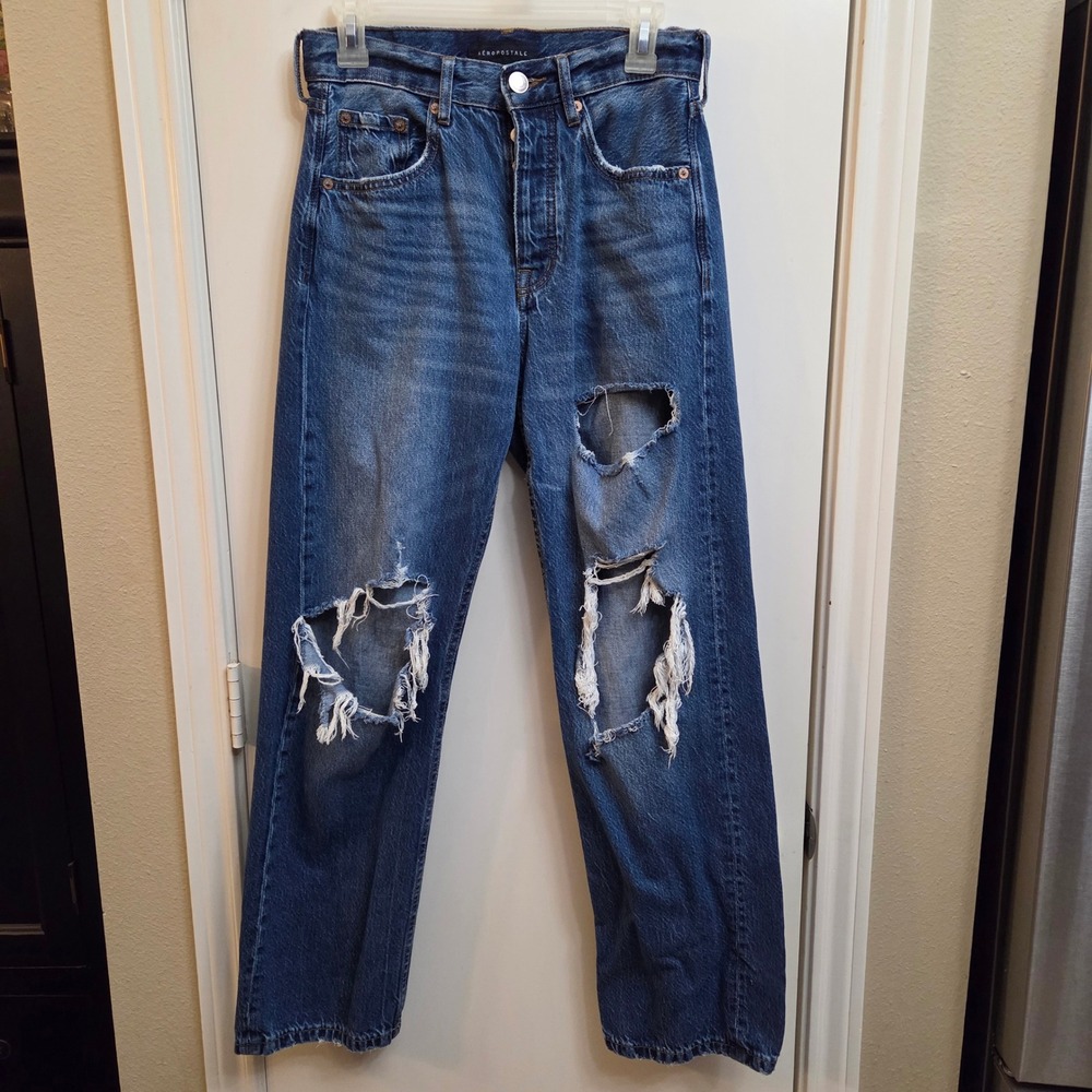 Aeropostale 90s Baggy Jeans Women 4 Reg Medium Wash Distressed Ripped Button Fly